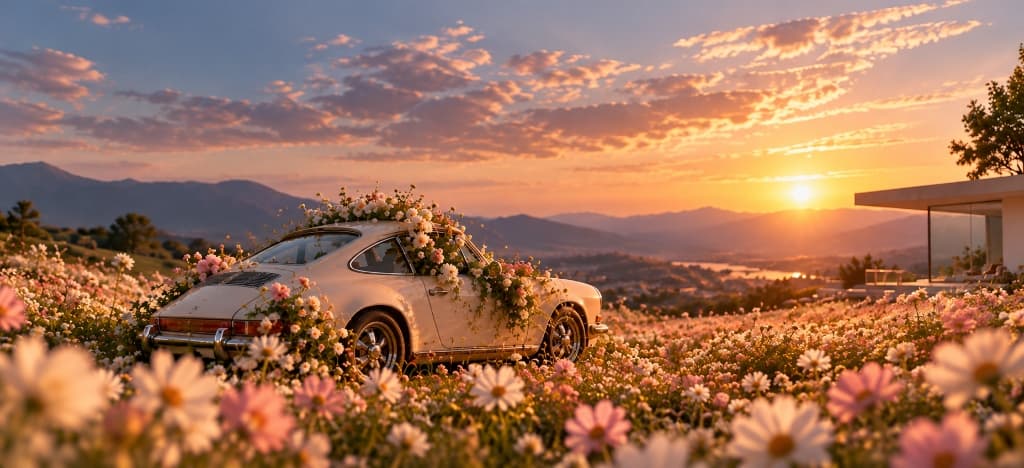 Creative Intelligence OS vintage car in meadow at sunset